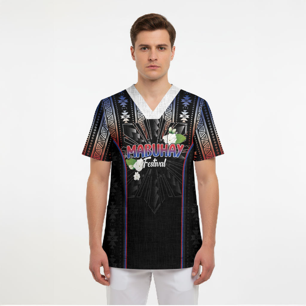 Mabuhay Philippines Festival Scrub Top Filipino Map Sampaguita Igorot Pattern LT14 - Polynesian Pride