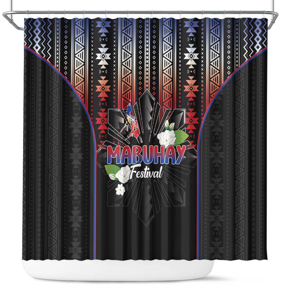 Mabuhay Philippines Festival Shower Curtain Filipino Map Sampaguita Igorot Pattern LT14 Black - Polynesian Pride