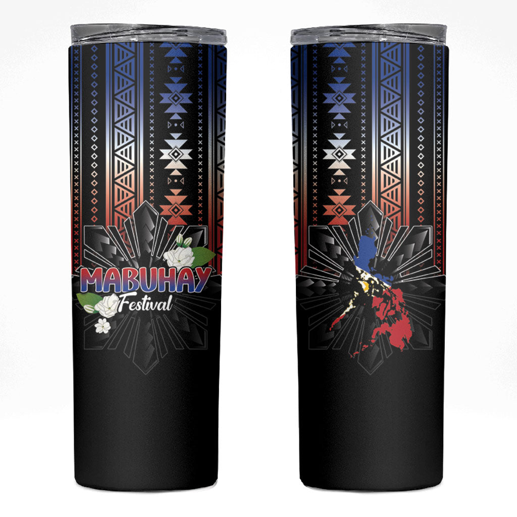 Mabuhay Philippines Festival Skinny Tumbler Filipino Map Sampaguita Igorot Pattern LT14 Black - Polynesian Pride