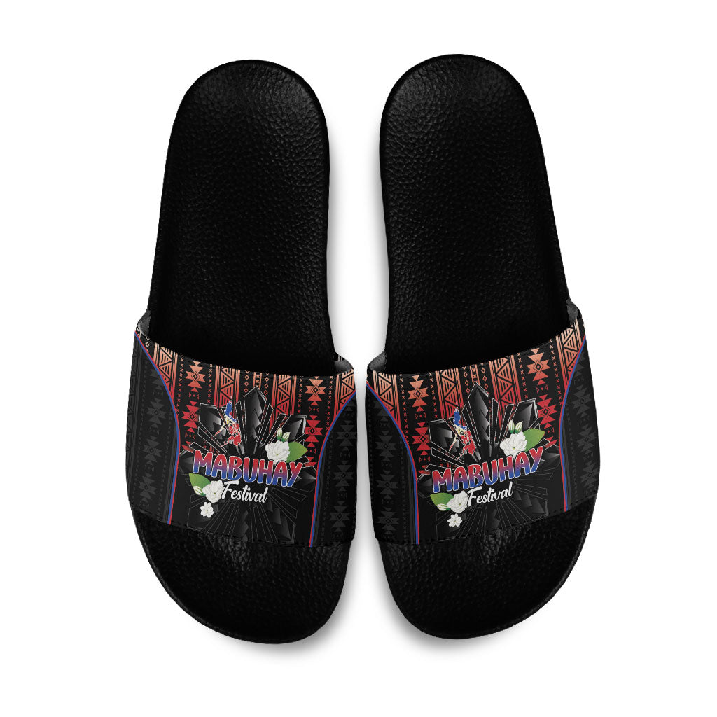 Mabuhay Philippines Festival Slide Sandals Filipino Map Sampaguita Igorot Pattern LT14 Black - Polynesian Pride