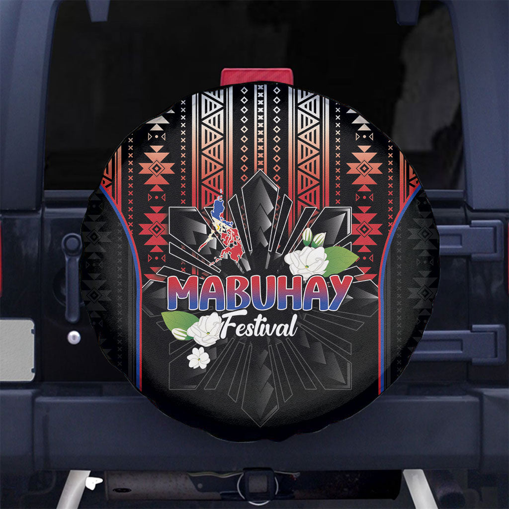 Mabuhay Philippines Festival Spare Tire Cover Filipino Map Sampaguita Igorot Pattern LT14 No hole Black - Polynesian Pride