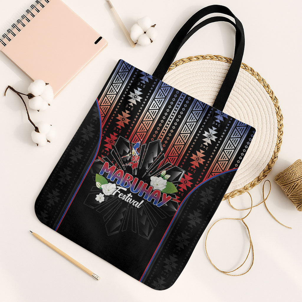 Mabuhay Philippines Festival Tote Bag Filipino Map Sampaguita Igorot Pattern LT14 Black Strap One Size Black - Polynesian Pride