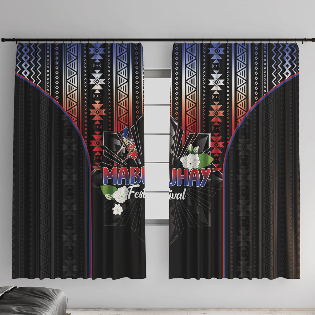 Mabuhay Philippines Festival Window Curtain Filipino Map Sampaguita Igorot Pattern LT14 With Hooks Black - Polynesian Pride