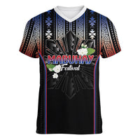 Mabuhay Philippines Festival Women V-Neck T-Shirt Filipino Map Sampaguita Igorot Pattern LT14 Female Black - Polynesian Pride