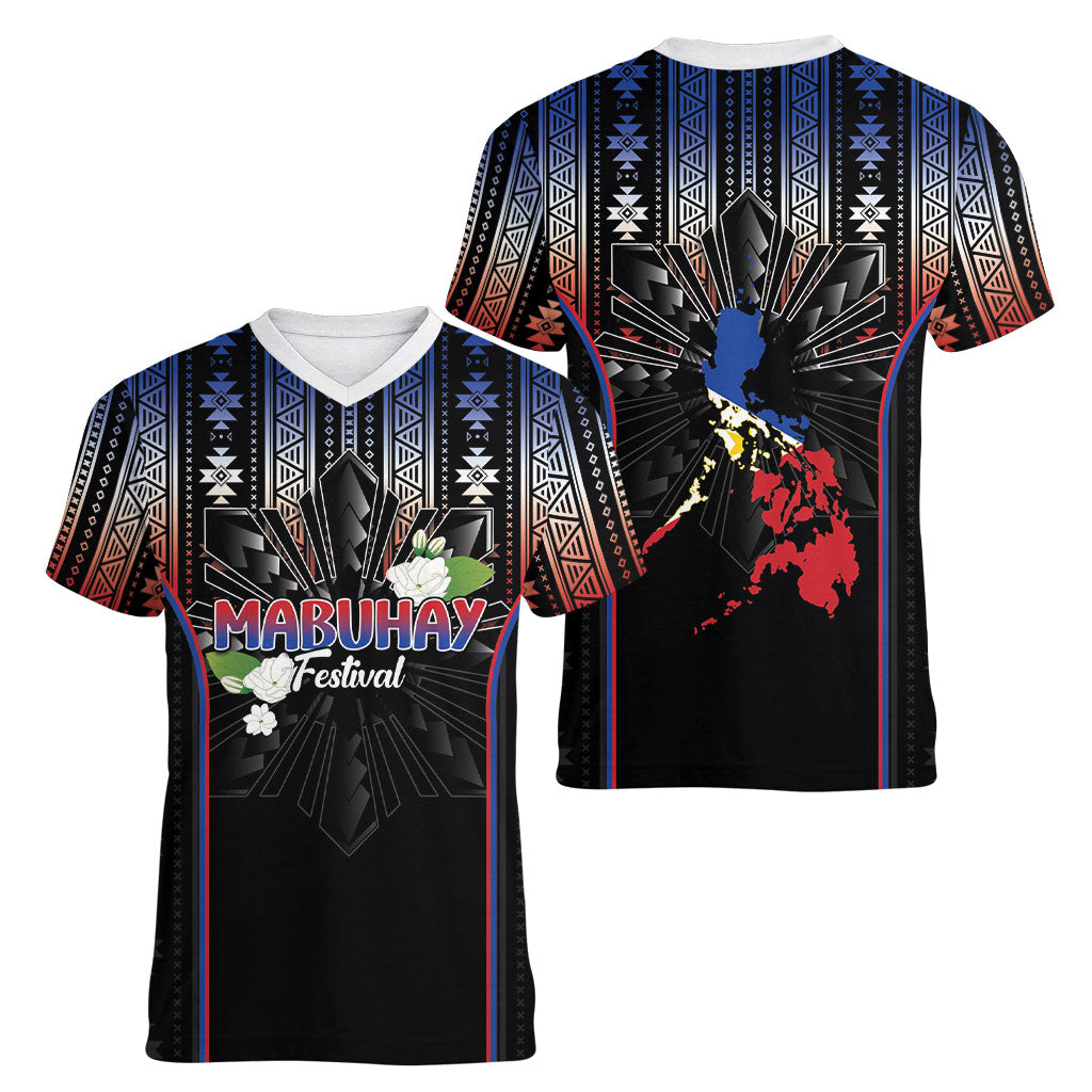 Mabuhay Philippines Festival Women V-Neck T-Shirt Filipino Map Sampaguita Igorot Pattern LT14 - Polynesian Pride