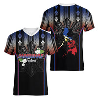 Mabuhay Philippines Festival Women V-Neck T-Shirt Filipino Map Sampaguita Igorot Pattern LT14 - Polynesian Pride