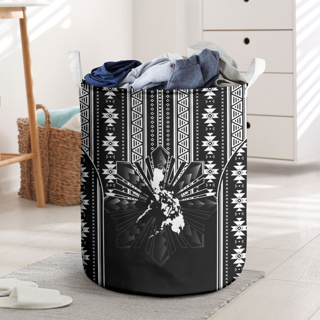 Mabuhay Philippines Festival Laundry Basket Filipino Map Black White Igorot Pattern LT14 Black - Polynesian Pride
