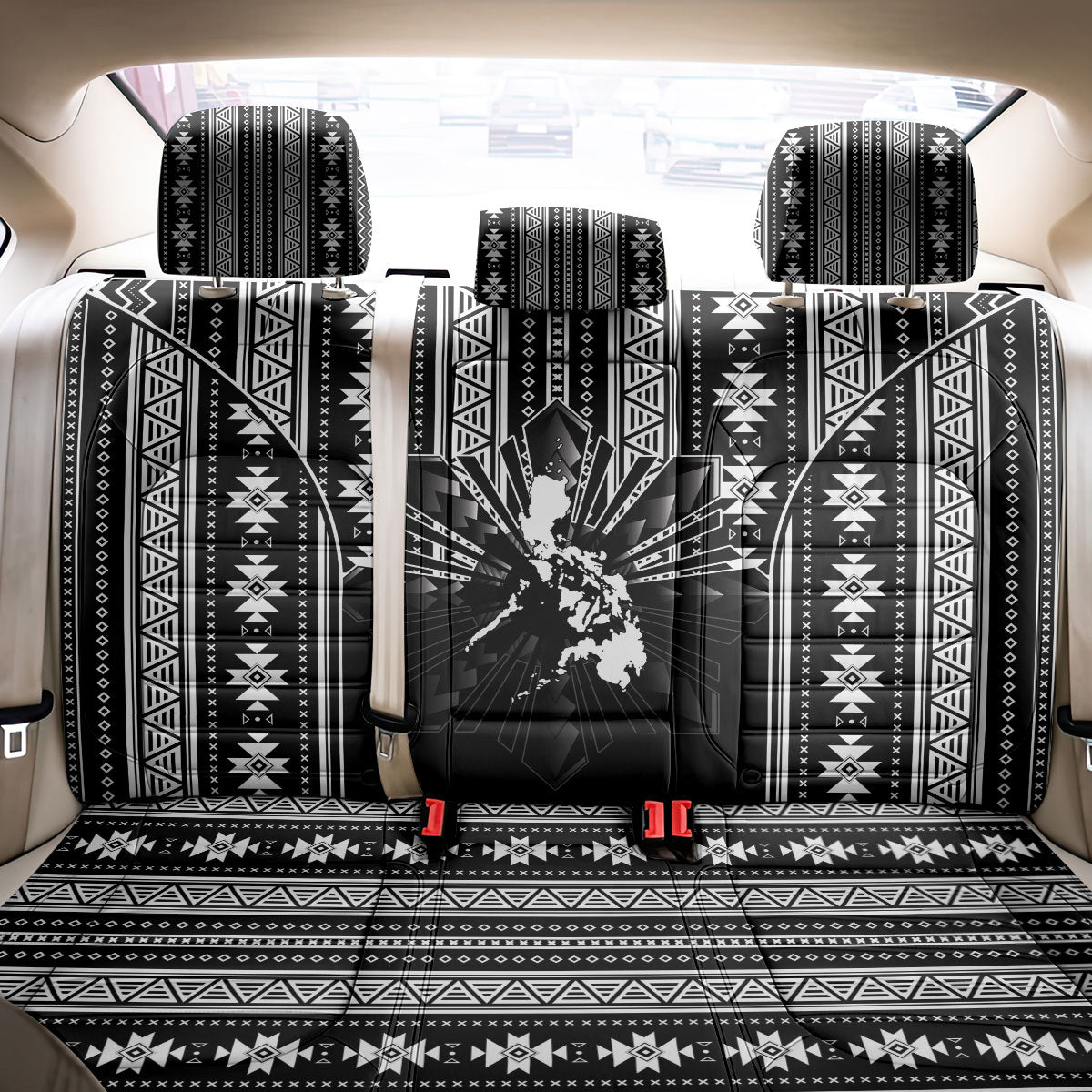 Mabuhay Philippines Festival Back Car Seat Cover Filipino Map Black White Igorot Pattern LT14 - Polynesian Pride