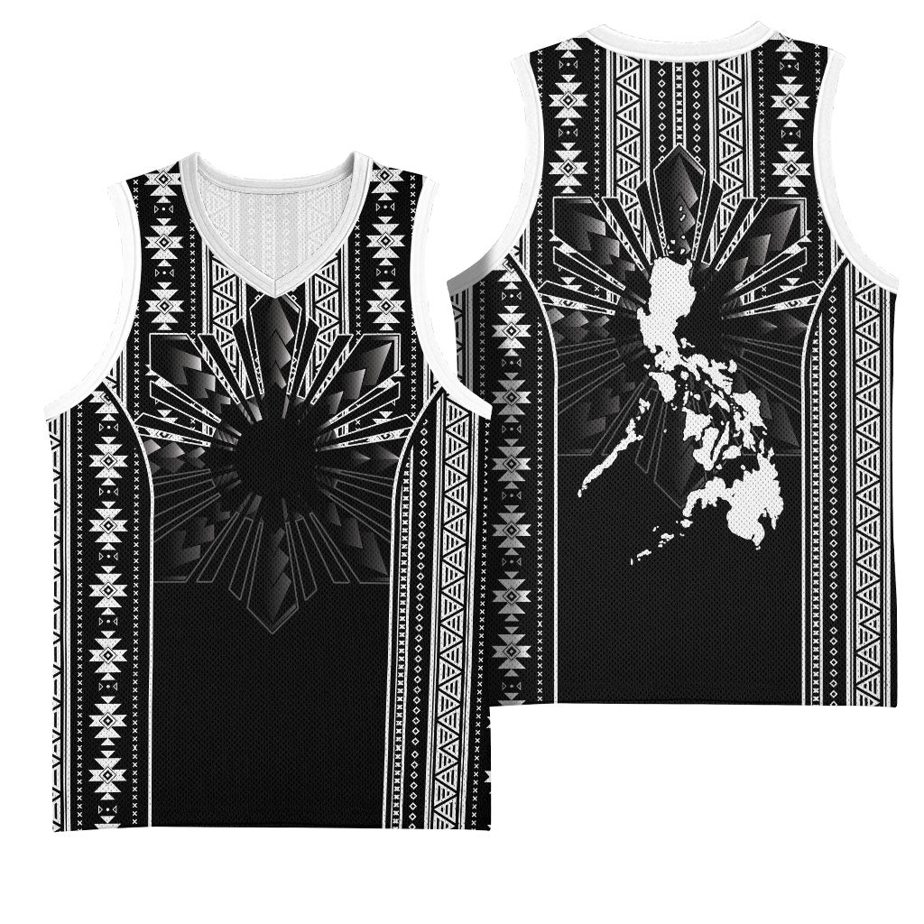 Mabuhay Philippines Festival Basketball Jersey Filipino Map Black White Igorot Pattern LT14 - Polynesian Pride