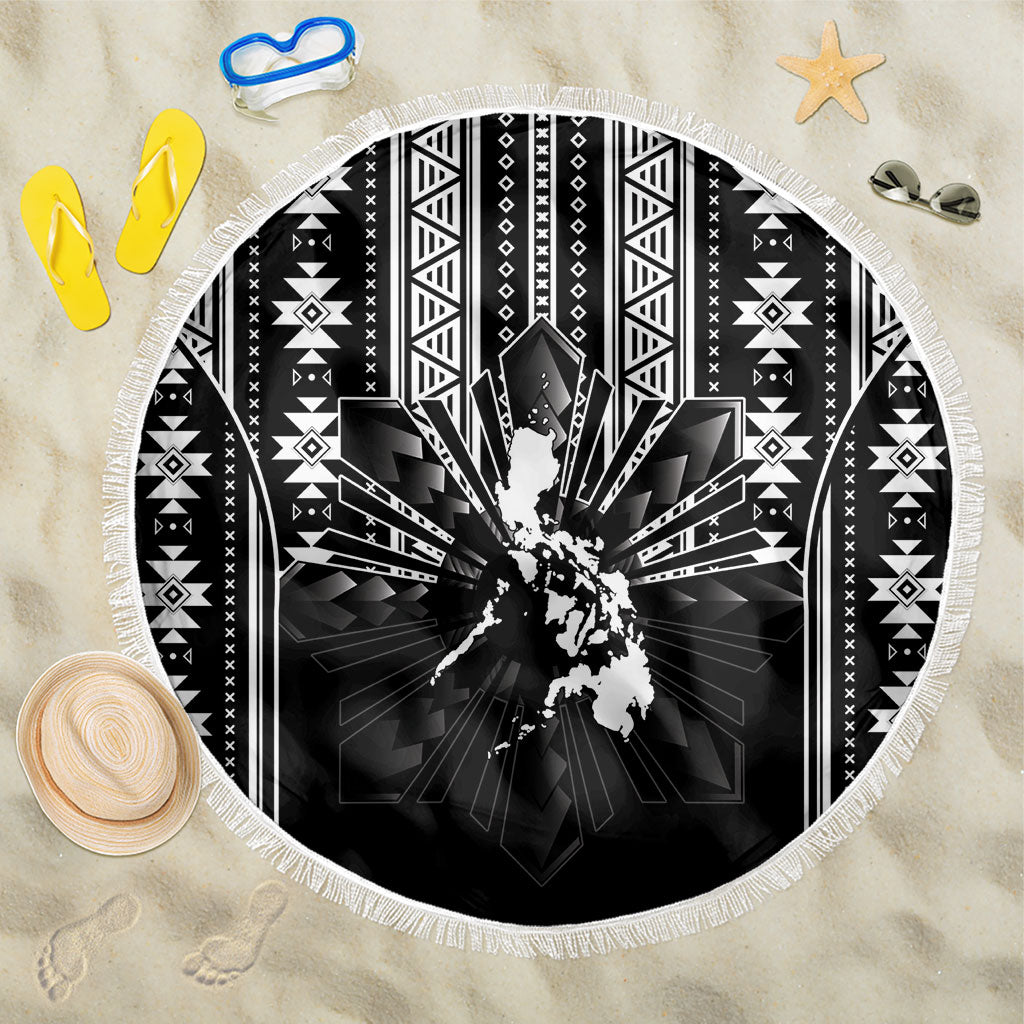Mabuhay Philippines Festival Beach Blanket Filipino Map Black White Igorot Pattern LT14 One Size 150cm Black - Polynesian Pride