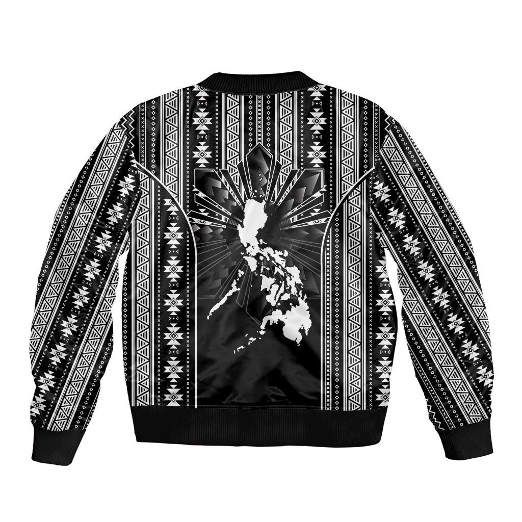 Mabuhay Philippines Festival Bomber Jacket Filipino Map Black White Igorot Pattern