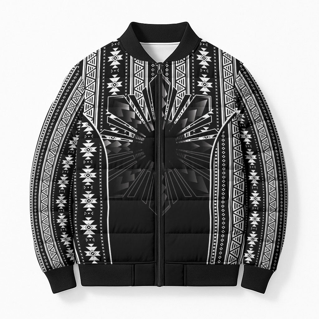Mabuhay Philippines Festival Bomber Puffer Jacket Filipino Map Black White Igorot Pattern LT14 Unisex Black - Polynesian Pride
