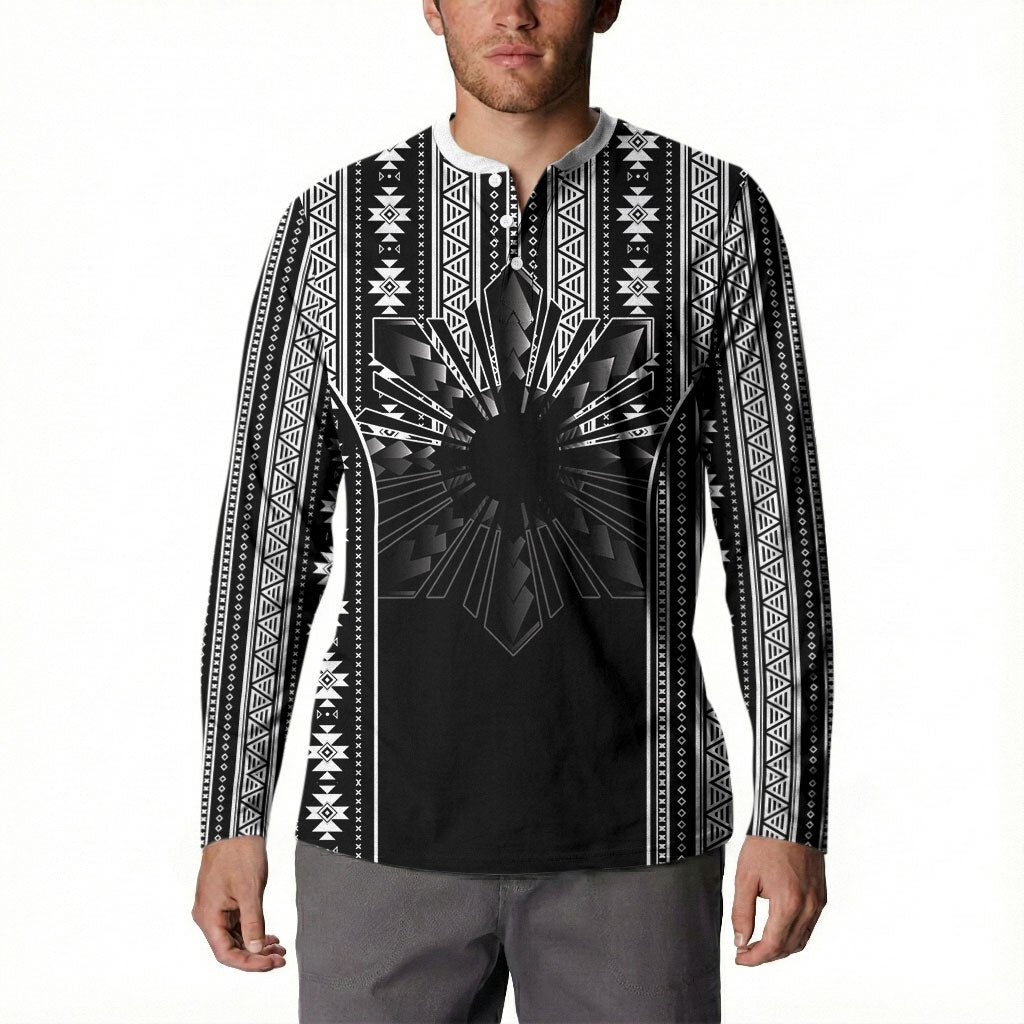 Mabuhay Philippines Festival Button Sweatshirt Filipino Map Black White Igorot Pattern LT14 - Polynesian Pride