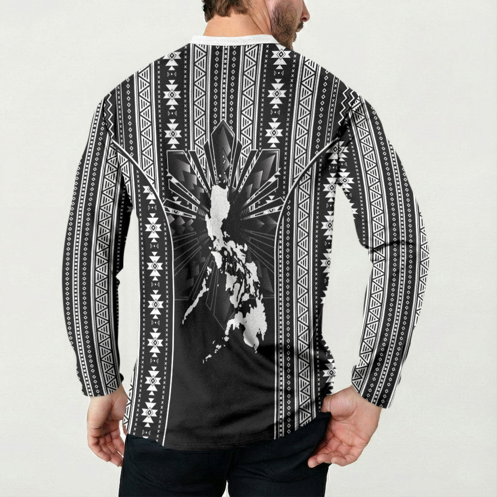Mabuhay Philippines Festival Button Sweatshirt Filipino Map Black White Igorot Pattern LT14 - Polynesian Pride