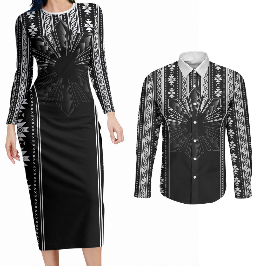 Mabuhay Philippines Festival Couples Matching Long Sleeve Bodycon Dress and Long Sleeve Button Shirt Filipino Map Black White Igorot Pattern LT14 Black - Polynesian Pride