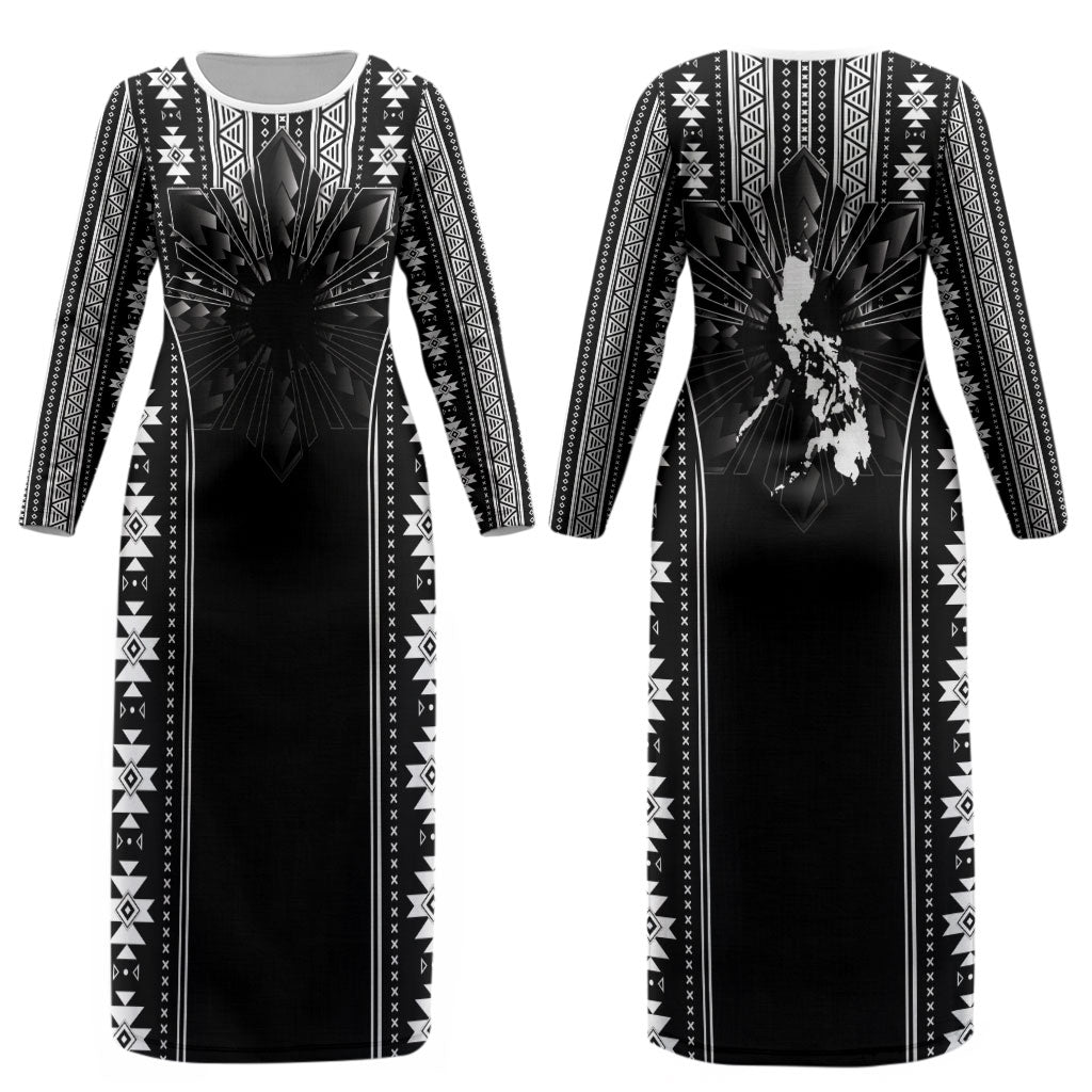 Mabuhay Philippines Festival Couples Matching Long Sleeve Bodycon Dress and Long Sleeve Button Shirt Filipino Map Black White Igorot Pattern LT14 - Polynesian Pride