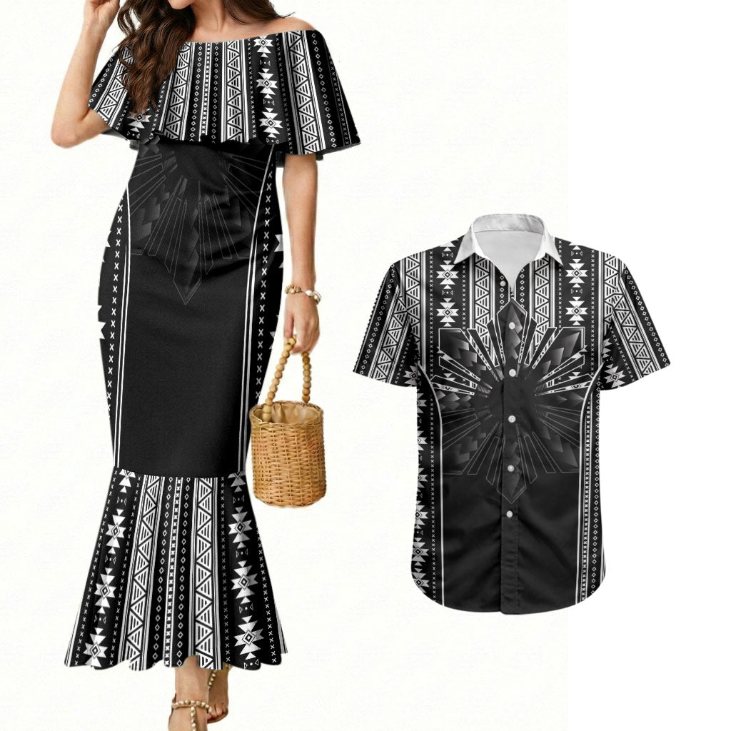 Mabuhay Philippines Festival Couples Matching Mermaid Dress and Hawaiian Shirt Filipino Map Black White Igorot Pattern LT14 Black - Polynesian Pride