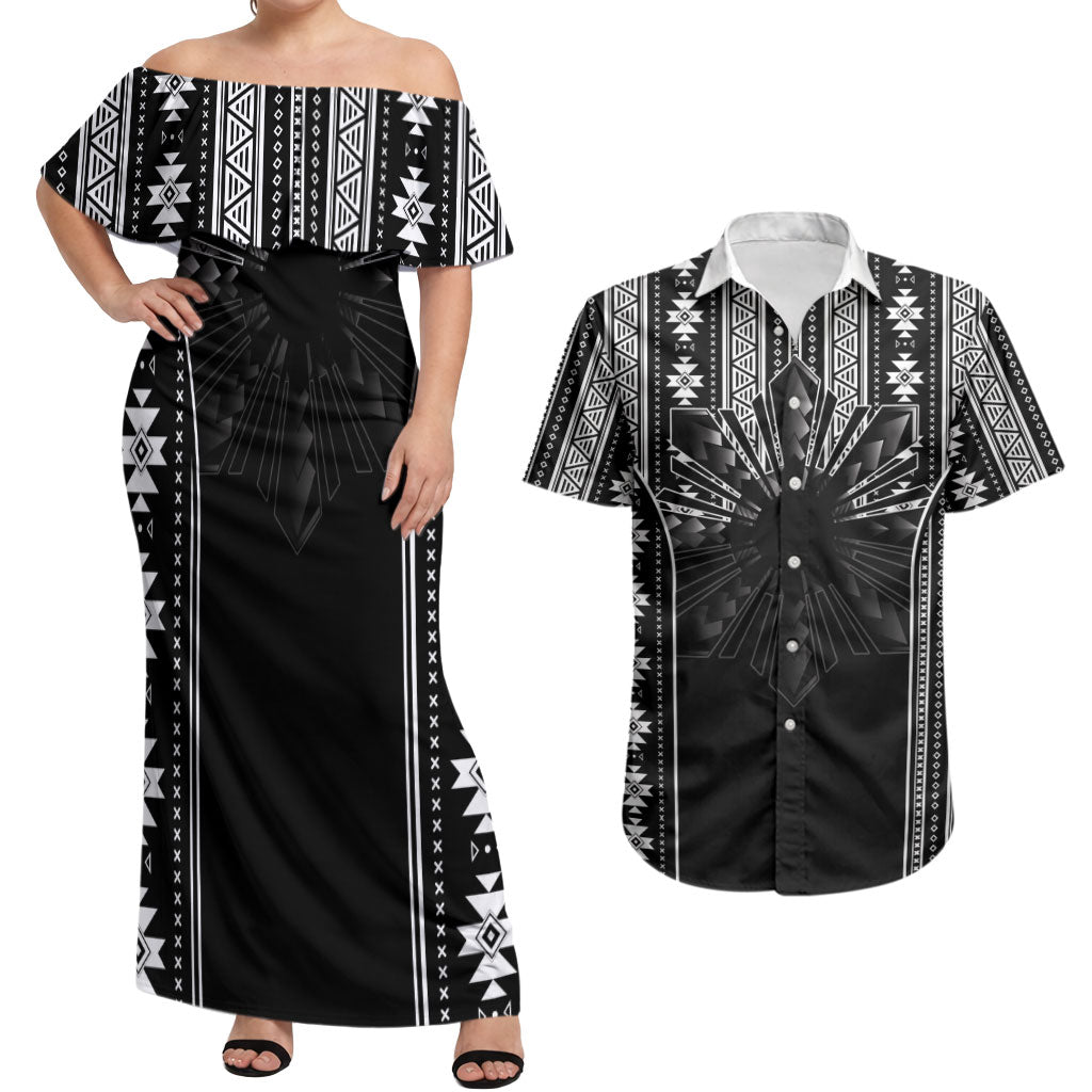 Mabuhay Philippines Festival Couples Matching Off Shoulder Maxi Dress and Hawaiian Shirt Filipino Map Black White Igorot Pattern LT14 Black - Polynesian Pride