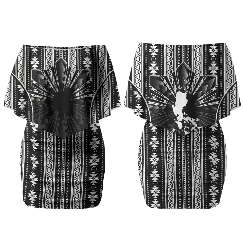 Mabuhay Philippines Festival Couples Matching Off Shoulder Short Dress and Hawaiian Shirt Filipino Map Black White Igorot Pattern LT14 - Polynesian Pride