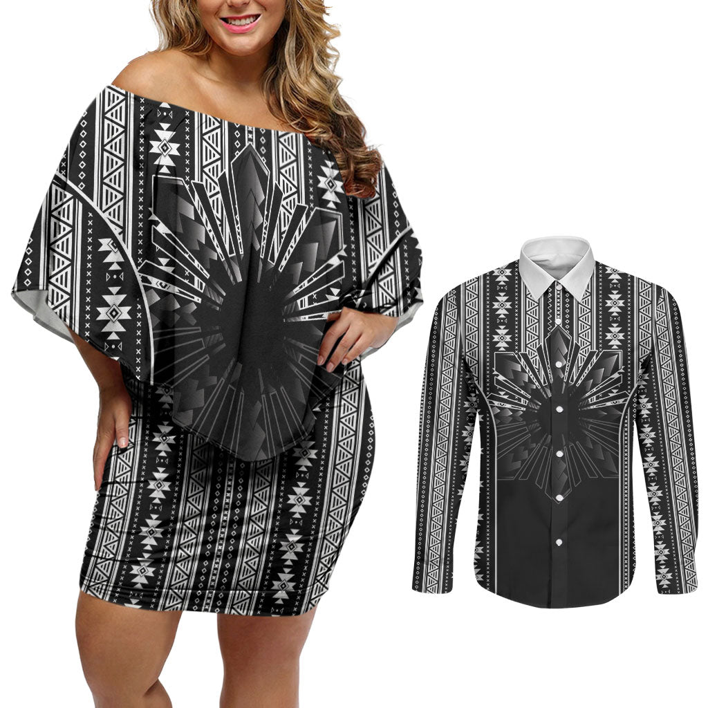 Mabuhay Philippines Festival Couples Matching Off Shoulder Short Dress and Long Sleeve Button Shirt Filipino Map Black White Igorot Pattern