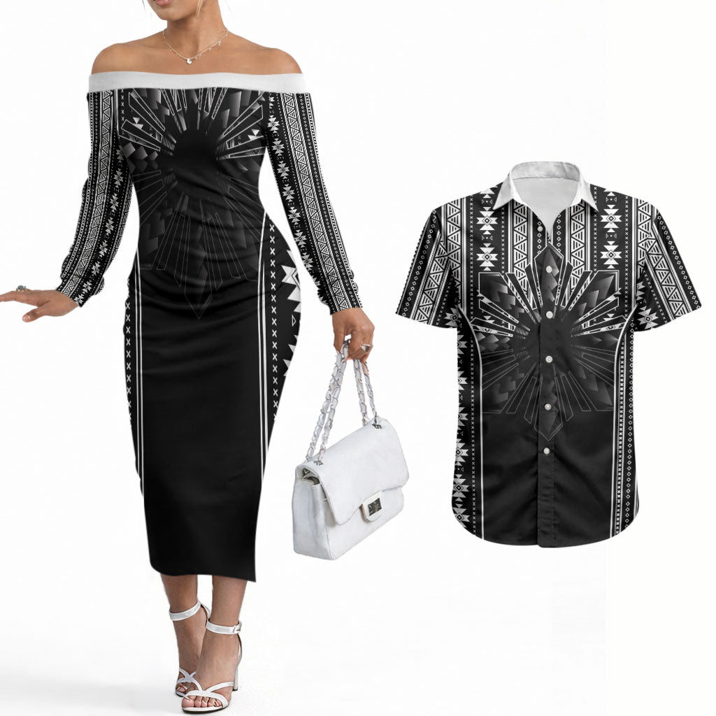 Mabuhay Philippines Festival Couples Matching Off The Shoulder Long Sleeve Dress and Hawaiian Shirt Filipino Map Black White Igorot Pattern