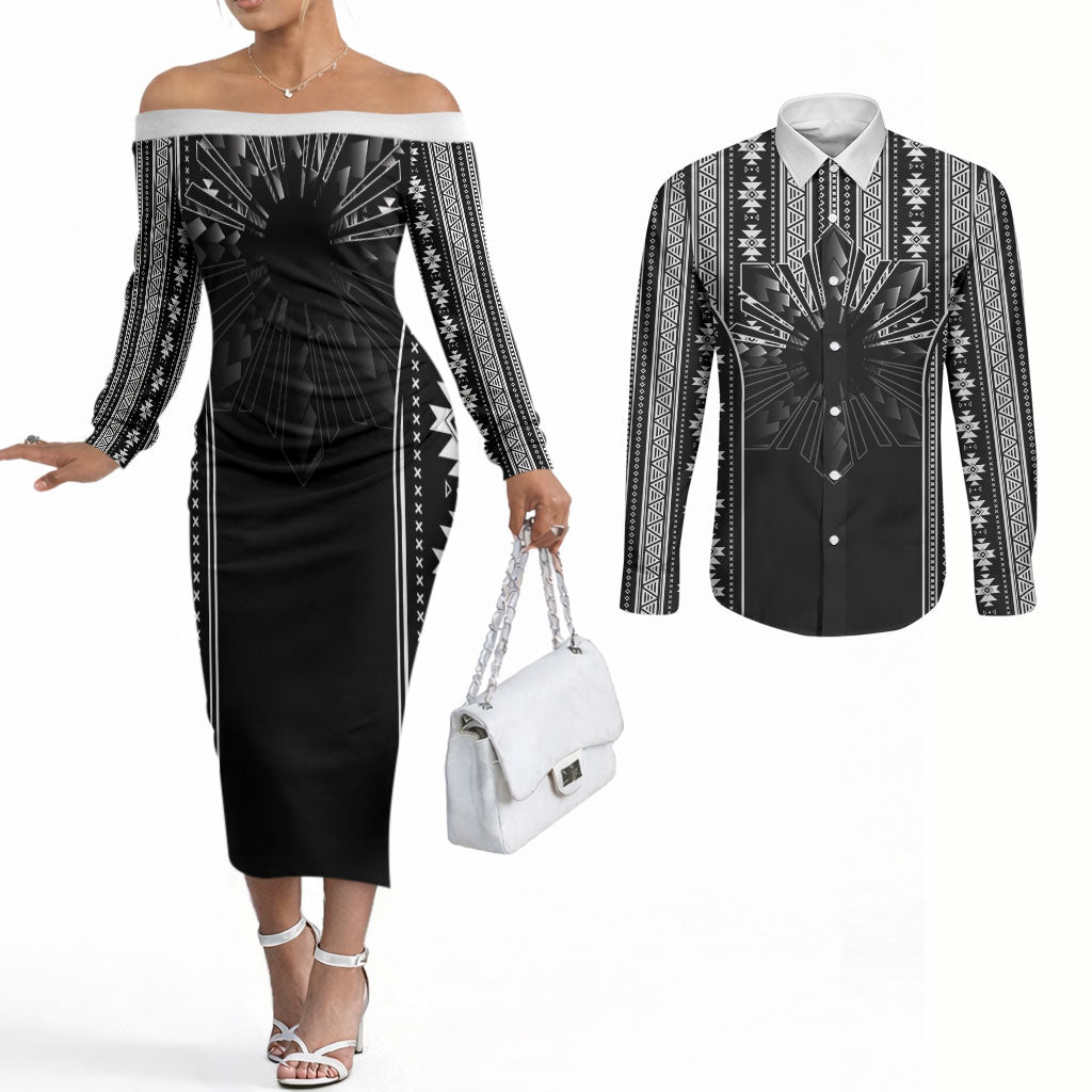 Mabuhay Philippines Festival Couples Matching Off The Shoulder Long Sleeve Dress and Long Sleeve Button Shirt Filipino Map Black White Igorot Pattern LT14 Black - Polynesian Pride