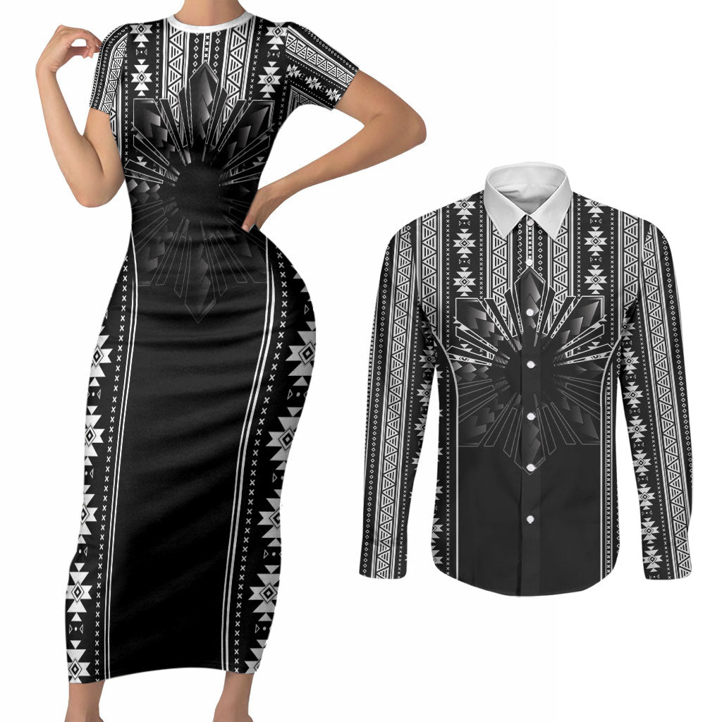 Mabuhay Philippines Festival Couples Matching Short Sleeve Bodycon Dress and Long Sleeve Button Shirt Filipino Map Black White Igorot Pattern LT14 Black - Polynesian Pride