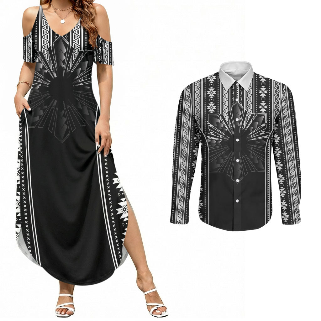 Mabuhay Philippines Festival Couples Matching Summer Maxi Dress and Long Sleeve Button Shirt Filipino Map Black White Igorot Pattern LT14 Black - Polynesian Pride