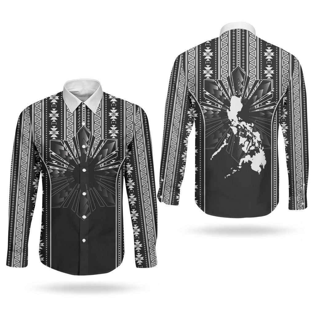 Mabuhay Philippines Festival Couples Matching Summer Maxi Dress and Long Sleeve Button Shirt Filipino Map Black White Igorot Pattern LT14 - Polynesian Pride