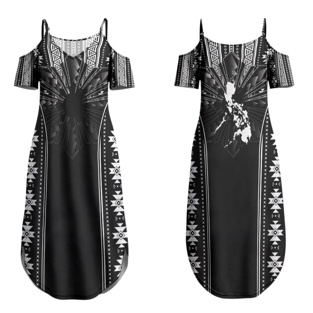 Mabuhay Philippines Festival Couples Matching Summer Maxi Dress and Long Sleeve Button Shirt Filipino Map Black White Igorot Pattern LT14 - Polynesian Pride