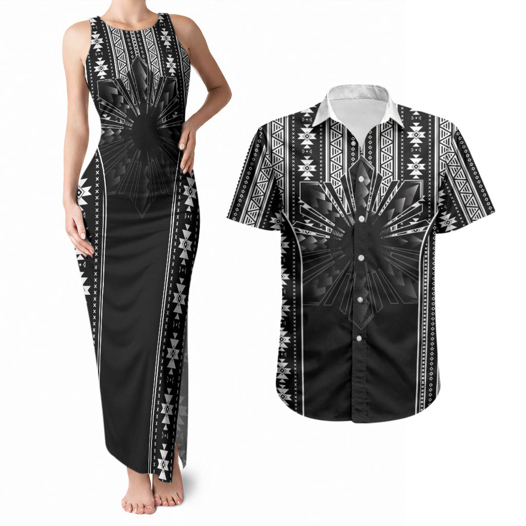 Mabuhay Philippines Festival Couples Matching Tank Maxi Dress and Hawaiian Shirt Filipino Map Black White Igorot Pattern LT14 Black - Polynesian Pride