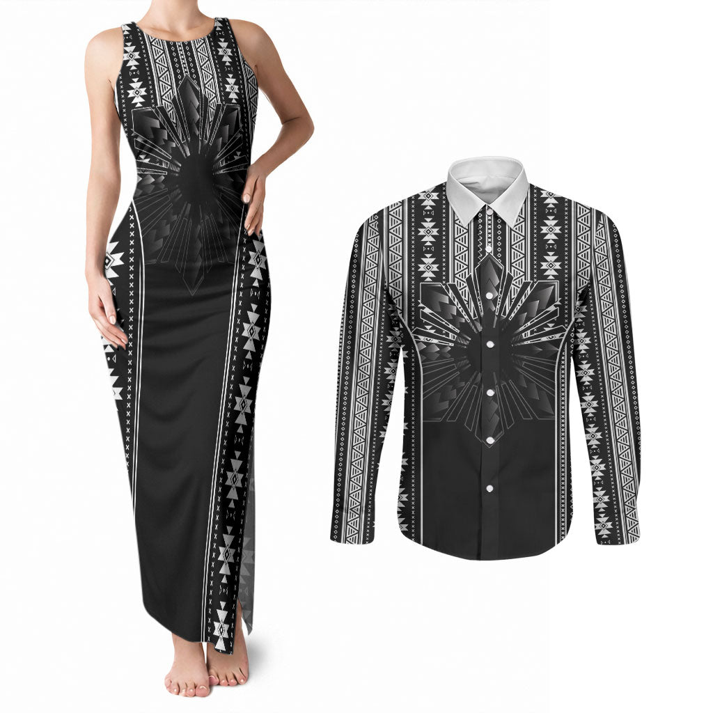 Mabuhay Philippines Festival Couples Matching Tank Maxi Dress and Long Sleeve Button Shirt Filipino Map Black White Igorot Pattern LT14 Black - Polynesian Pride