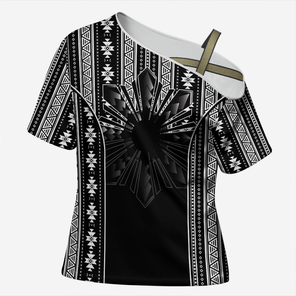Mabuhay Philippines Festival Cross Shoulder Shirt Filipino Map Black White Igorot Pattern LT14 Female Black - Polynesian Pride