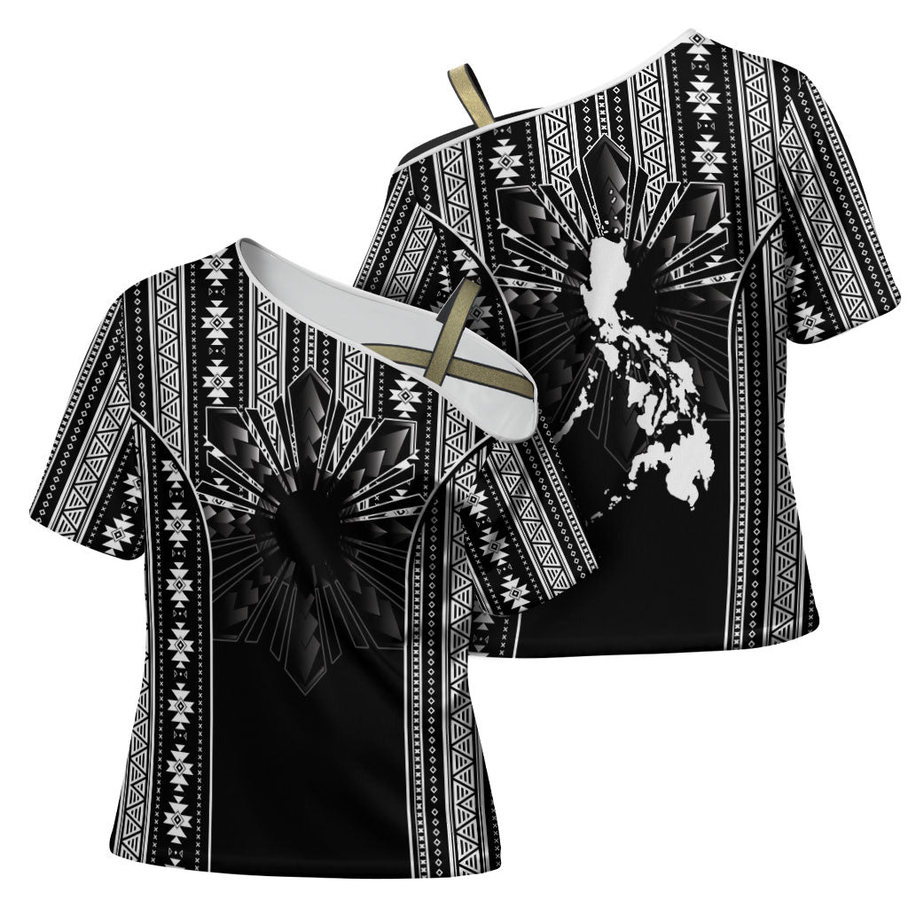 Mabuhay Philippines Festival Cross Shoulder Shirt Filipino Map Black White Igorot Pattern LT14 - Polynesian Pride