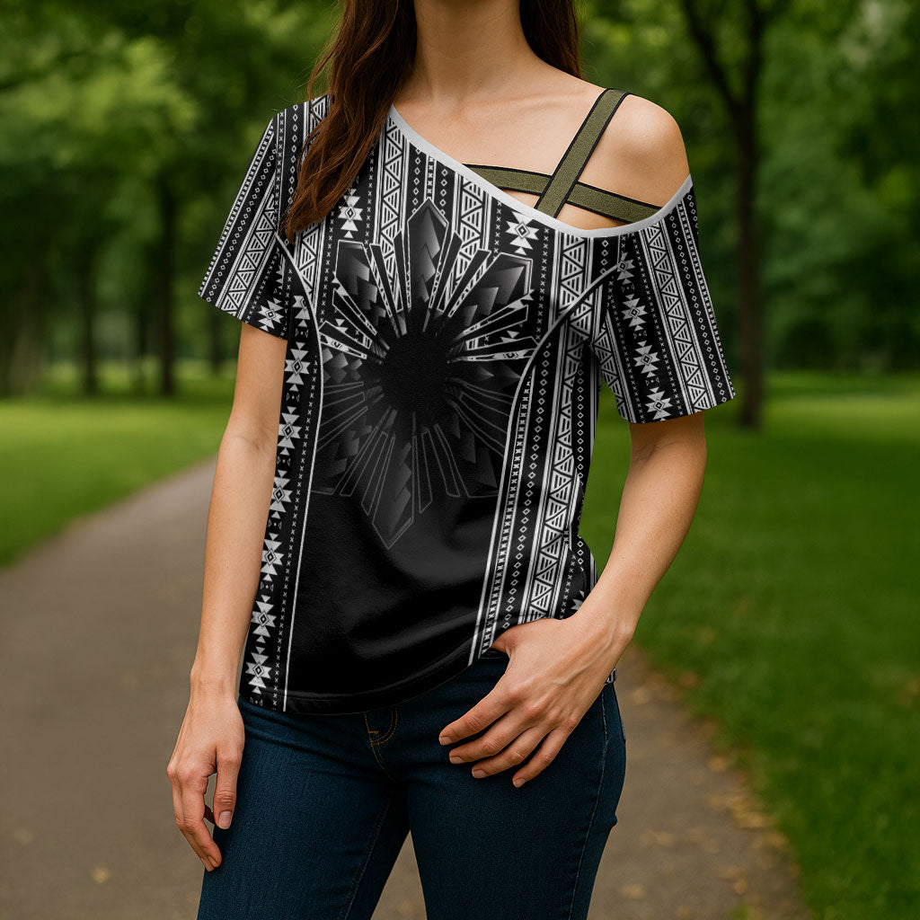 Mabuhay Philippines Festival Cross Shoulder Shirt Filipino Map Black White Igorot Pattern LT14 - Polynesian Pride