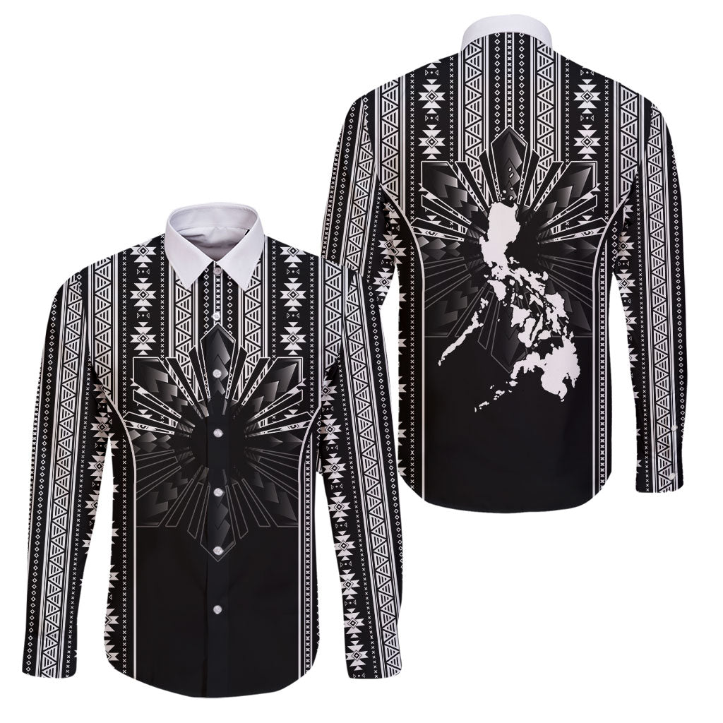 Mabuhay Philippines Festival Family Matching Off Shoulder Maxi Dress and Hawaiian Shirt Filipino Map Black White Igorot Pattern LT14 Dad's Shirt - Long Sleeve Black - Polynesian Pride