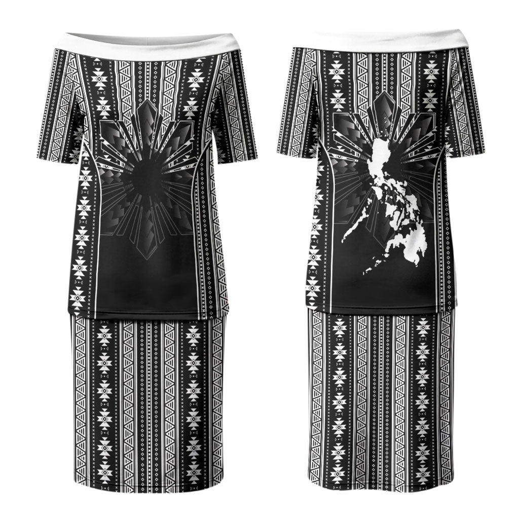 Mabuhay Philippines Festival Family Matching Puletasi and Hawaiian Shirt Filipino Map Black White Igorot Pattern LT14 Mom's Dress Black - Polynesian Pride
