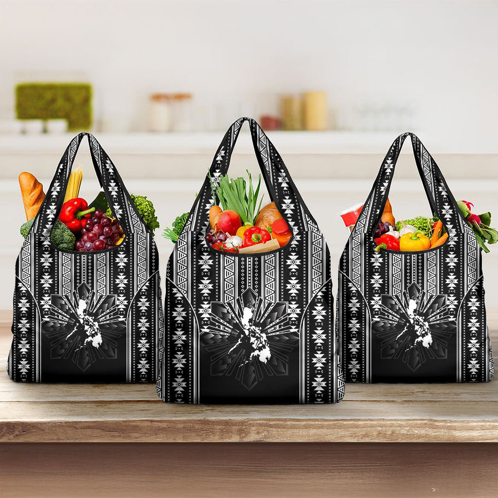 Mabuhay Philippines Festival Grocery Bag Filipino Map Black White Igorot Pattern LT14 3-pack One Size Black - Polynesian Pride