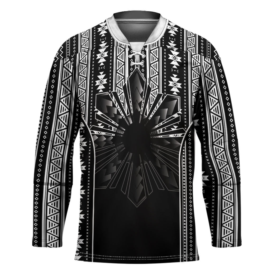 Mabuhay Philippines Festival Hockey Jersey Filipino Map Black White Igorot Pattern LT14 Unisex Black - Polynesian Pride