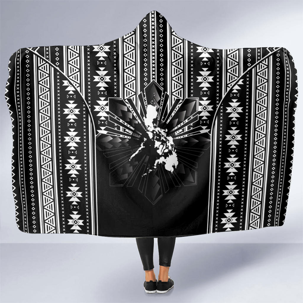 Mabuhay Philippines Festival Hooded Blanket Filipino Map Black White Igorot Pattern LT14 One Size Black - Polynesian Pride