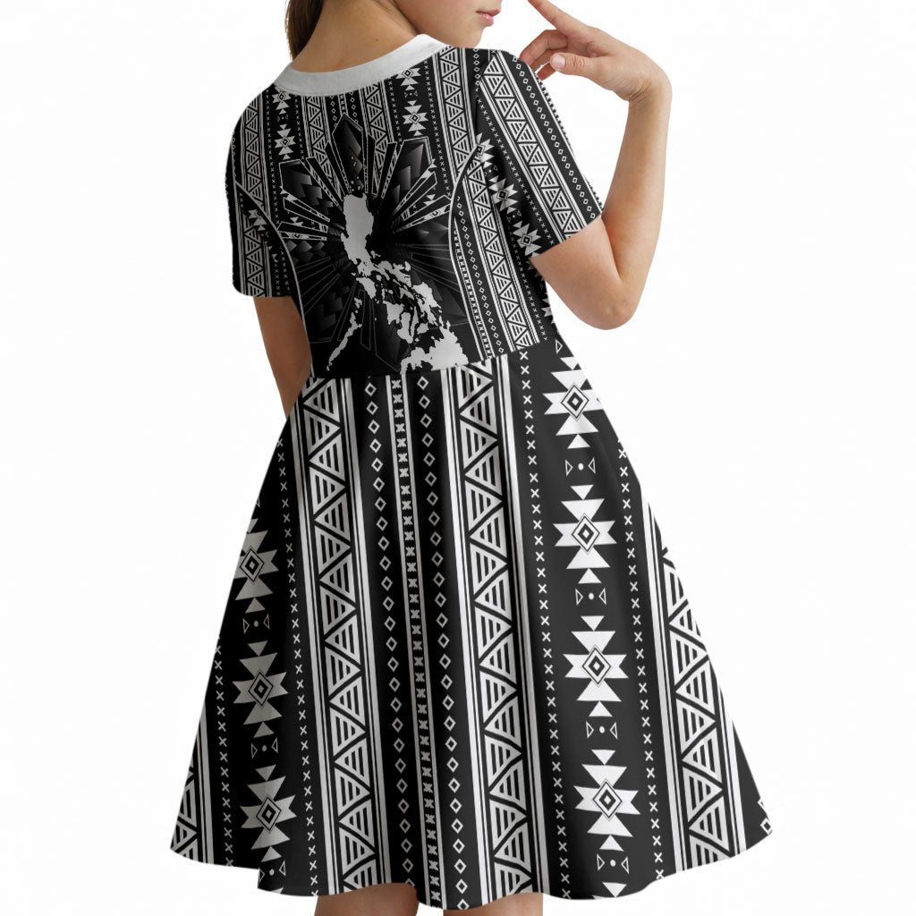 Mabuhay Philippines Festival Kid Short Sleeve Dress Filipino Map Black White Igorot Pattern LT14 - Polynesian Pride