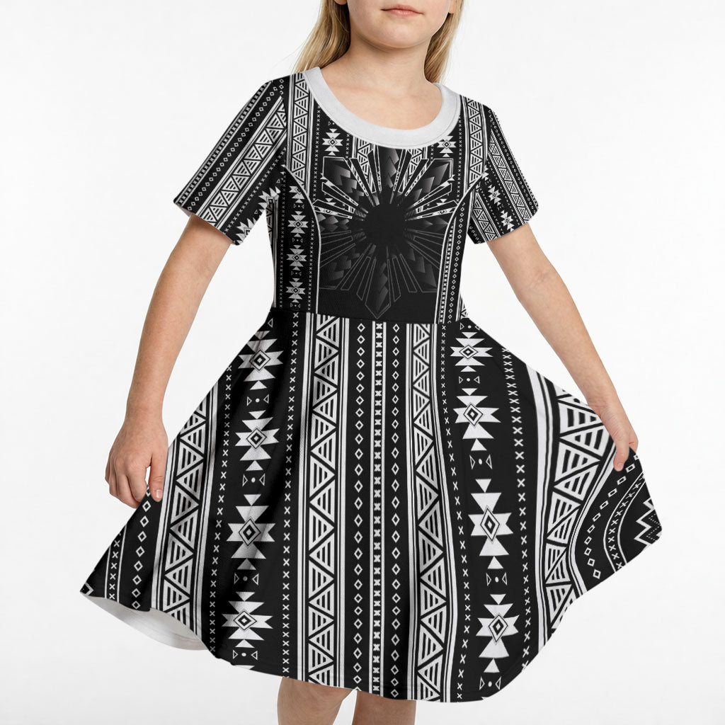 Mabuhay Philippines Festival Kid Short Sleeve Dress Filipino Map Black White Igorot Pattern LT14 - Polynesian Pride