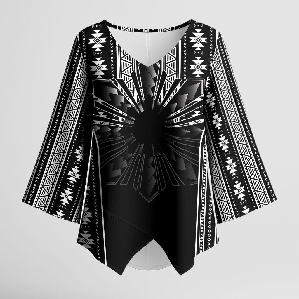 Mabuhay Philippines Festival Kimono Sleeve Blouse Filipino Map Black White Igorot Pattern LT14 Female Black - Polynesian Pride
