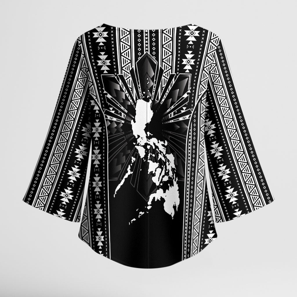 Mabuhay Philippines Festival Kimono Sleeve Blouse Filipino Map Black White Igorot Pattern LT14 - Polynesian Pride