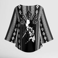 Mabuhay Philippines Festival Kimono Sleeve Blouse Filipino Map Black White Igorot Pattern LT14 - Polynesian Pride
