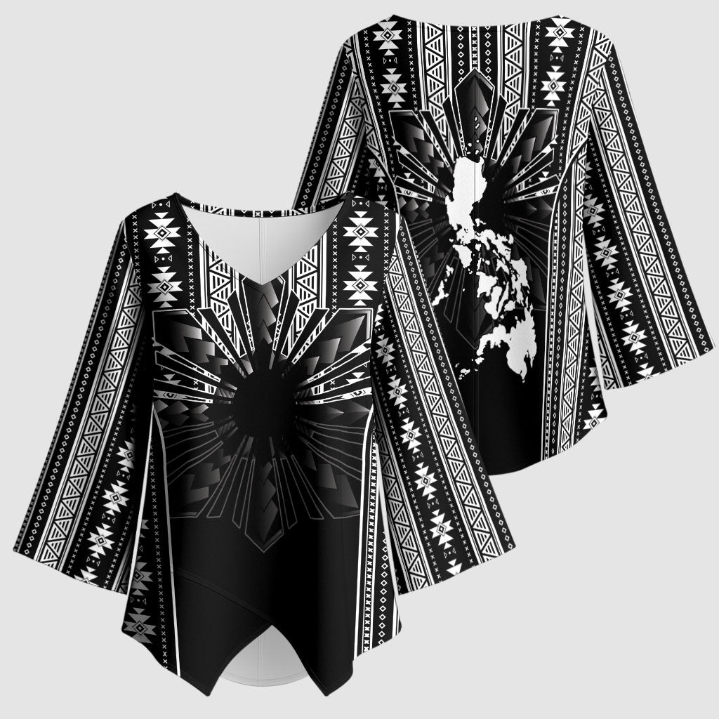 Mabuhay Philippines Festival Kimono Sleeve Blouse Filipino Map Black White Igorot Pattern LT14 - Polynesian Pride