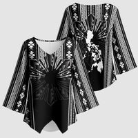 Mabuhay Philippines Festival Kimono Sleeve Blouse Filipino Map Black White Igorot Pattern LT14 - Polynesian Pride
