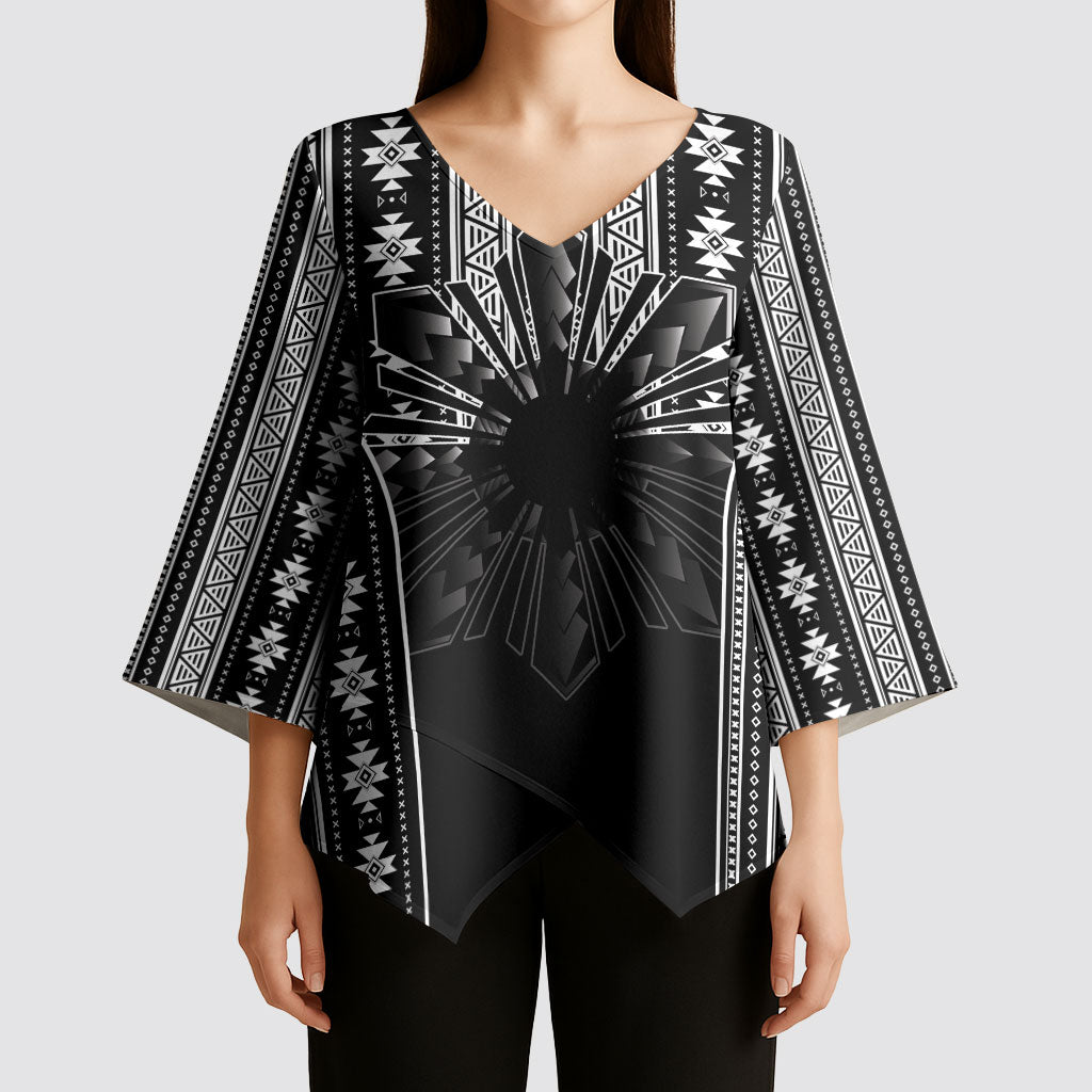 Mabuhay Philippines Festival Kimono Sleeve Blouse Filipino Map Black White Igorot Pattern LT14 - Polynesian Pride