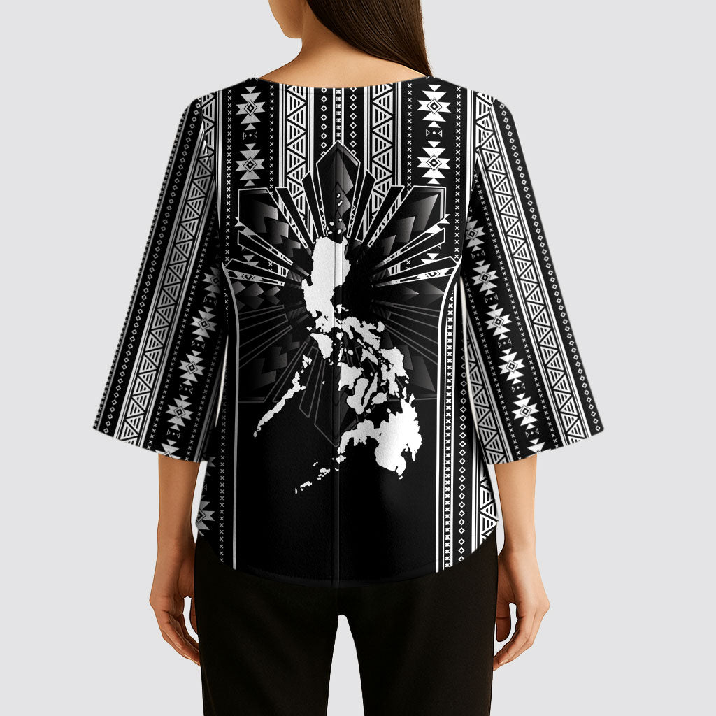 Mabuhay Philippines Festival Kimono Sleeve Blouse Filipino Map Black White Igorot Pattern LT14 - Polynesian Pride