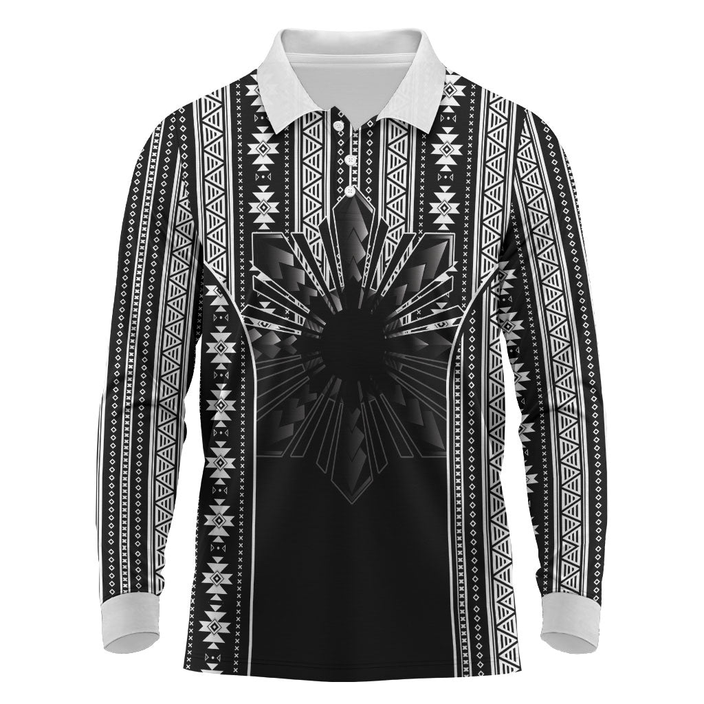 Mabuhay Philippines Festival Long Sleeve Polo Shirt Filipino Map Black White Igorot Pattern LT14 Black - Polynesian Pride